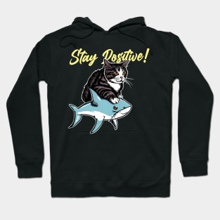 Stay Positive ! Funny Cat ride shark Hoodie